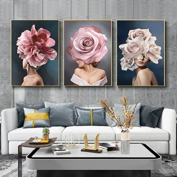 

Abstract Woman Canvas Painting Pink Flower Lady Poster Personality Fashion Print Wall Art Pictures for Home Living Room Decor