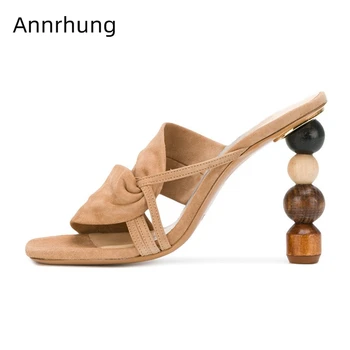 

Pleated Suede Cut Out Runway Shoes Woman Strange High Heels Square Open Toe Asymmetrical Building Blocks Heel Women Slippers