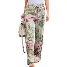 

2021 Casual Women Pants Skin-friendly Comfortable Floral Print Drawstring Trousers Mid Waist Straight Leg Loose Pants for Sports