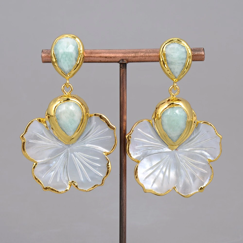

Natural White Mother Of Pearl Shell Carved Flower Amazonites Stud Dangle Earrings Trendy Style For Women