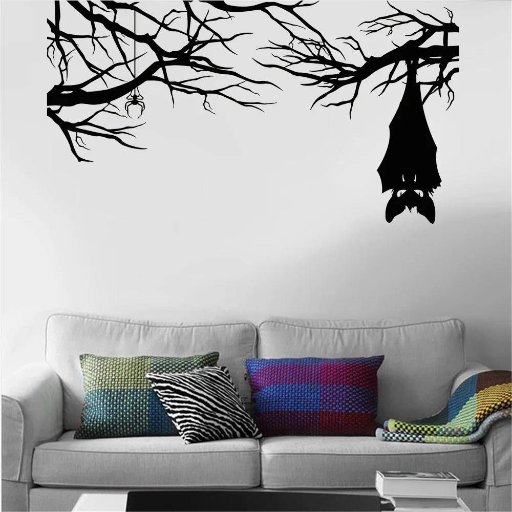 

Halloween Wall Stickers Cartoon Gothic Spider Bat On Branch Vinyl Wall Decal For Living Room Nursery Kids Room Decoration L1-3/6