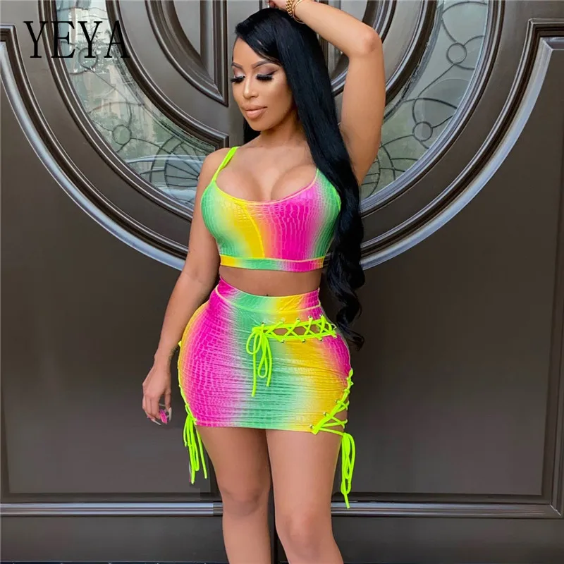 

YEYA Two Pices Sets Rainbow Gradient Print Sexy Women's Set Spaghetti Strap Crop Top and Lace Up Hollow Mini Skirt Club Party