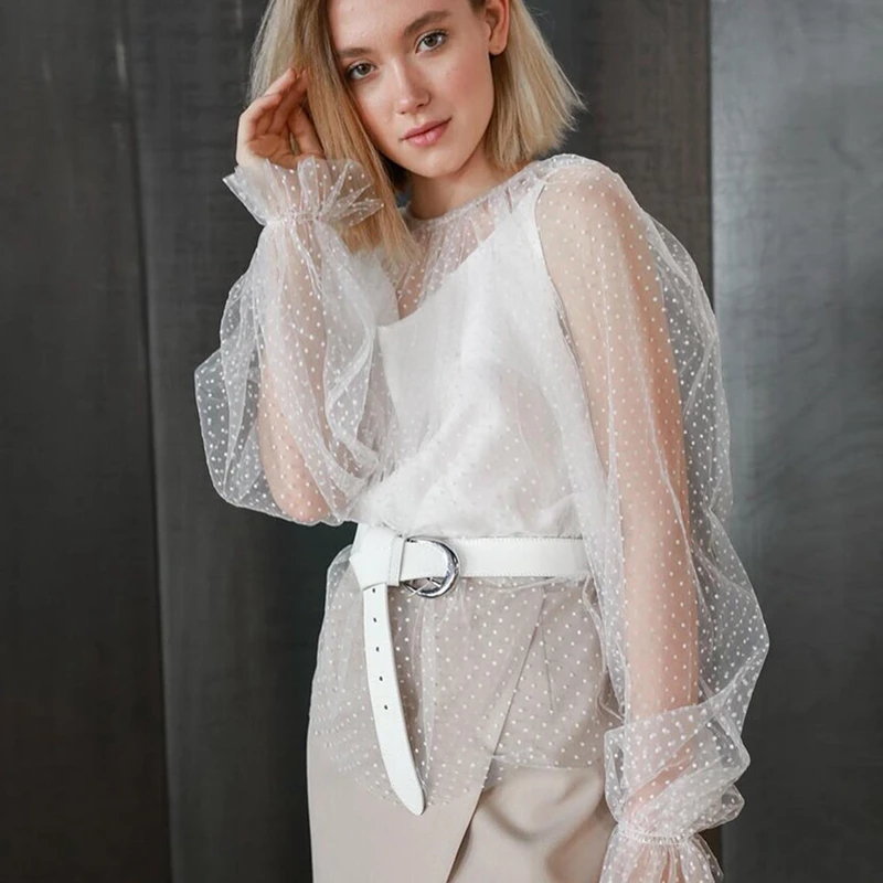 

New Spring Summer Women Lace Blouses Shirt White Polka Dot Mesh Blouses See-through Long Sleeve Sexy Shirts