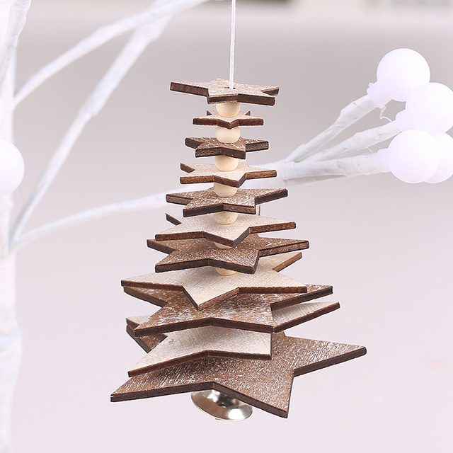 Wooden Christmas Tree Pendants Xmas Tree Hanging 3D Rotate  Snowflake Star Ornaments Small Bell Home Office Decoration Gift