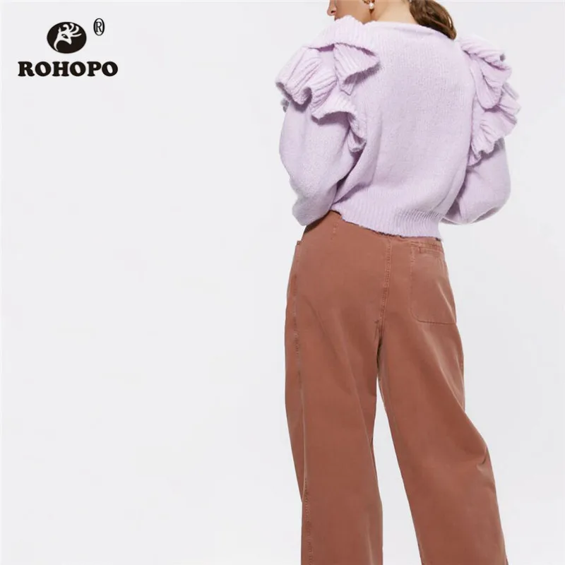 ROHOPO с пышными длинными рукавами, с оборками, круглый воротник, фиолетовый свитер, однотонный, женский, шикарный, вязаный, материал, верхняя одежда#2280