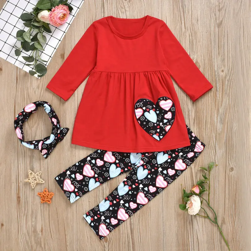 

3Pcs valentines day kids clothes Kids Baby Girl Outfit Clothes Long Sleeve Floral Printed T Shirt Dress+Leggings+Scarf Set