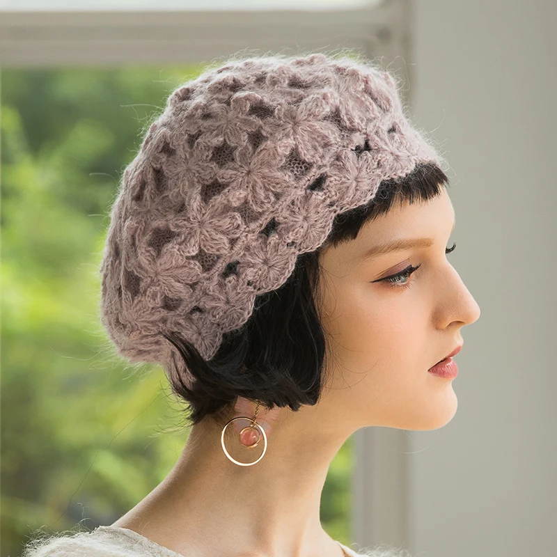 Flower Double-decker Beret Hat Women Spring Autumn Korean Berets Cap Girl Sweet Cute Knitted Hats Female Fashion Warm Caps H6772