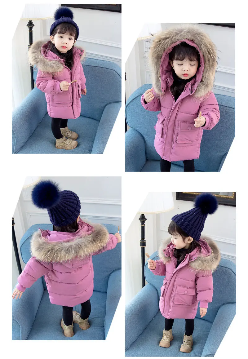 Girls Solid Color Long Cotton-padded Clothes Korean-style Winter Baby Large Fur Collar Brushed And Thick Western Style Coat Fash