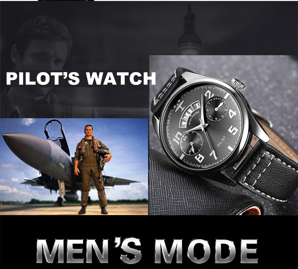 Airplane Sports Military Blue Dial Pilot Calendar Men Wristwatch Chronograph Fashion Casual Brand Army Brown Leather Watches
