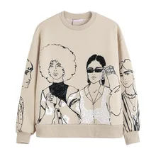 

2021 Women Y2k Charater Print Gray Long Sleeve Sweatshirts Indie Korean Oversize O Neck Loose Pullovers Fall Winter Female Tops