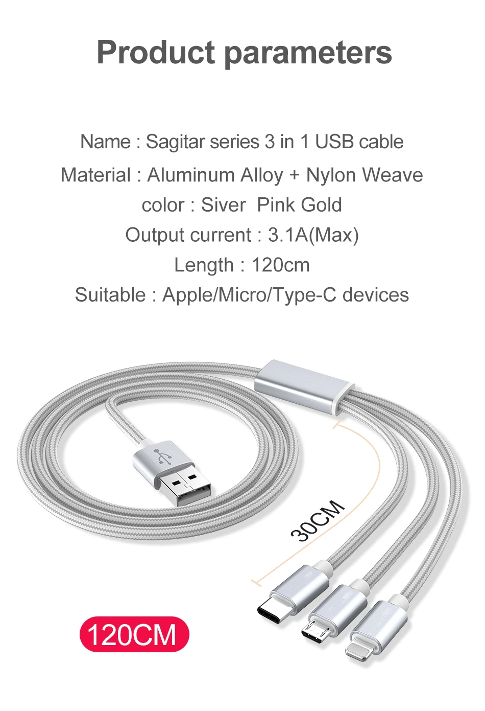ROCK 3 в 1 USB кабель для iPhone 11 8 7 мульти Micro usb type C кабель для samsung S10 S9 мобильный телефон Быстрая зарядка зарядное устройство Шнур
