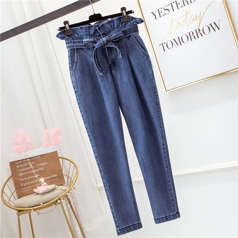 Gowyimmes Autumn Casual Women Jeans High Waist Ankle Length Jeans Big Size Vintage Blue Mom Jeans Denim Pants Trousers P620