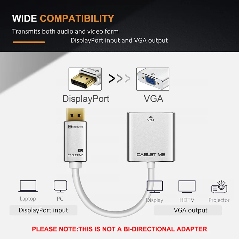 CABLETIME 1080P DisplayPort To VGA адаптер DP To VGA конвертер Displayport VGA M/F адаптер для Macbook проектора ноутбука C088