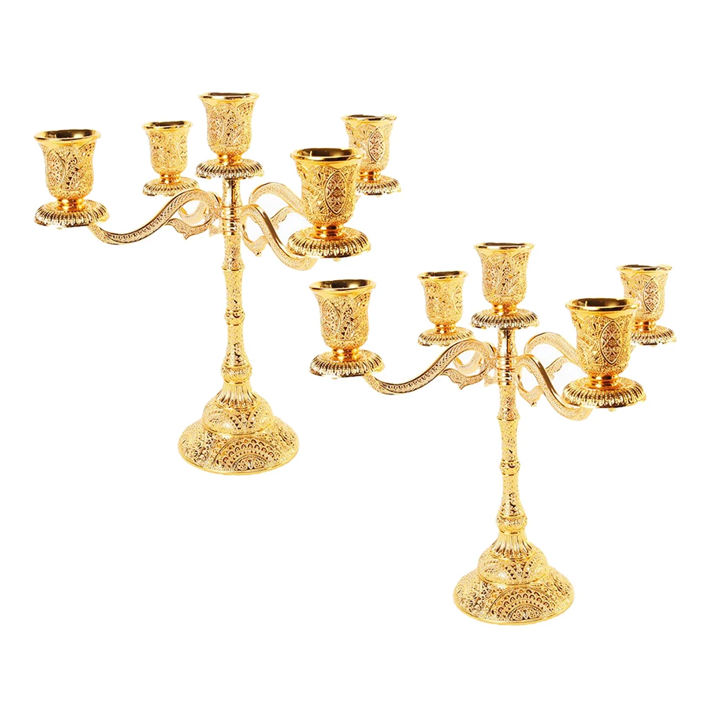 2pcs Luxurious Gold Color Candelabra Candle Holder, 5 Arms Gift for Weddings, Home, Party, Spa, Votive Candle Garden