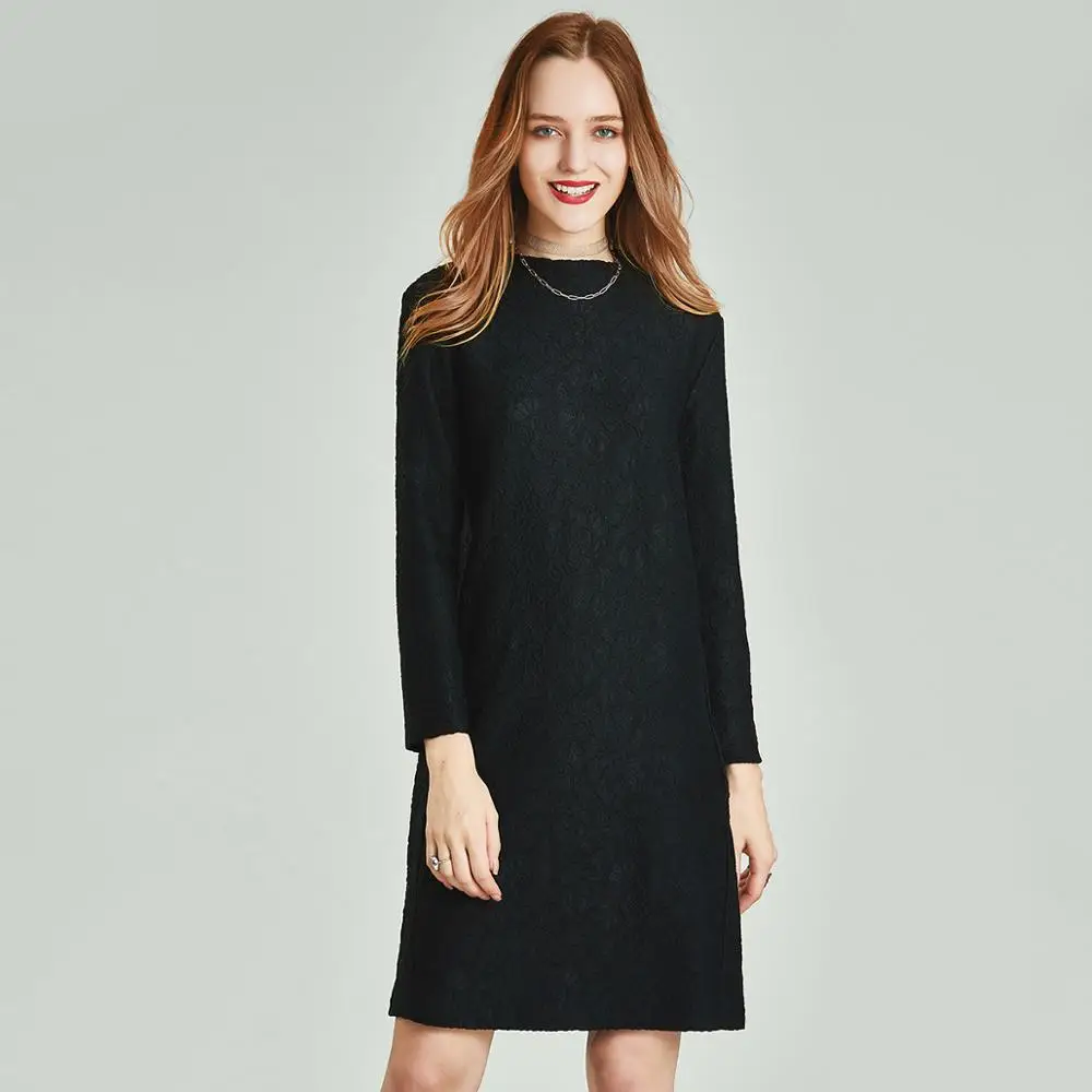 

HAVVA Autumn and Winter New Fashion Women O-neck Lace Loose Little Black Elegant Dress Q5070