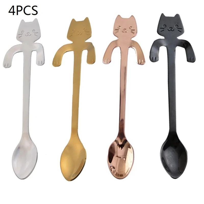 4pcs Милая маленькая мини-ложка для размешивания кофе из нержавеющей стали с котом Китти, кофейная ложка, красочное десертное мороженое, чайная ложка - Цвет: 4pcs