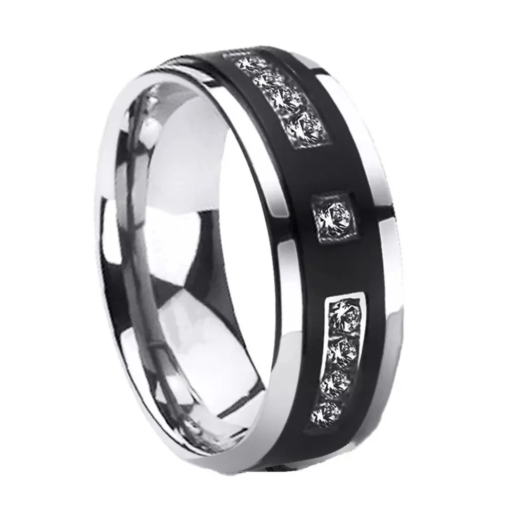 8mm Men Simple Ring Black White Inlaid Crystal Wedding Engagement Band Cocktail Party Jewelry
