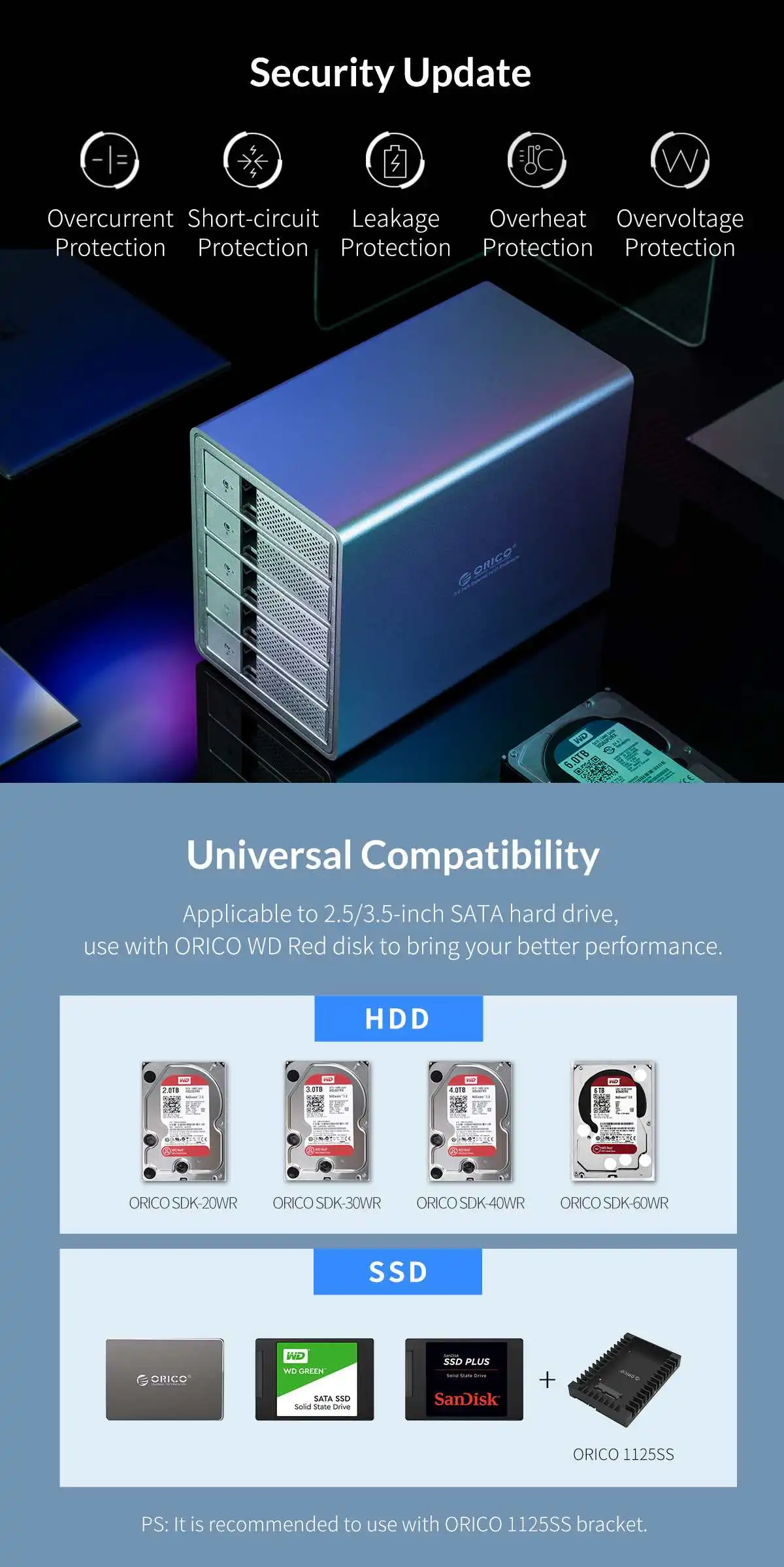 ORICO HDD чехол 3,5 дюйма 5 отсек HDD док-станция USB3.0 для SATA с RAID алюминиевый HDD корпус внутренний адаптер питания