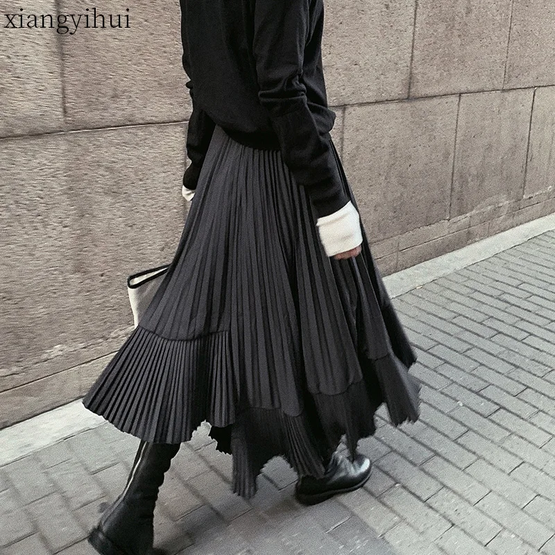 Fashion Grey Long Skirt Asymmetric Women Maxi Tulle Skirts High Waisted Autumn Winter Cotton Ruffle Skirt Bottoms