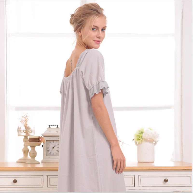 Summer Female Sweety Lace Lovely Sleepshirt Ladies Cotton Long Nightgown Women Short sleeve Square collar sleepshirt