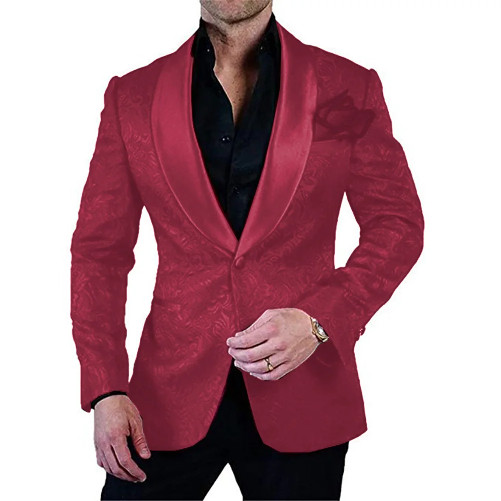 Light burgundy Мужской костюм из 2 предметов, зауженная жаккардовая шаль, смокинги с лацканами, повседневные мужские костюмы для свадьбы,(Блейзер+ штаны - Цвет: Light burgundy
