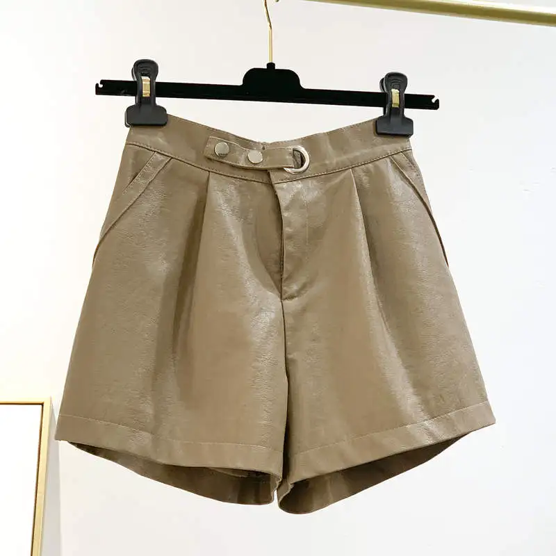 coffee color shorts Кожаные женские шорты, модные, новые, тонкие, короткие, Femme, высокая талия, широкие, женские шорты, свободные, абрикосовые, черные, сексуальные, байкерские шорты C6066 - Цвет: coffee color shorts