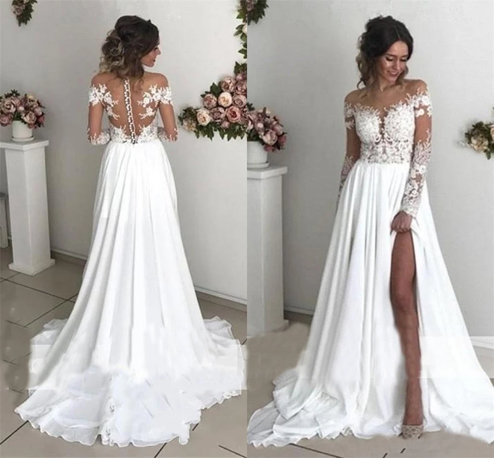 

Vintage White Chiffon Beading Full Sleeves Appliques Beading Wedding Dress Handworks Sexy Cheap Plus Size Bridal Gowns