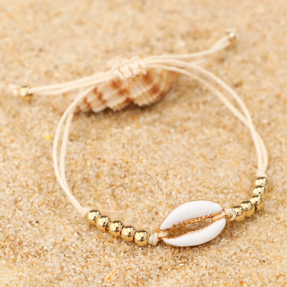 1 шт. модные бусинки-ракушки, Браслеты Boho, винтажные Cowrie, золотой цвет, Seashell, ручной работы, регулируемый браслет, пляжные украшения для женщин