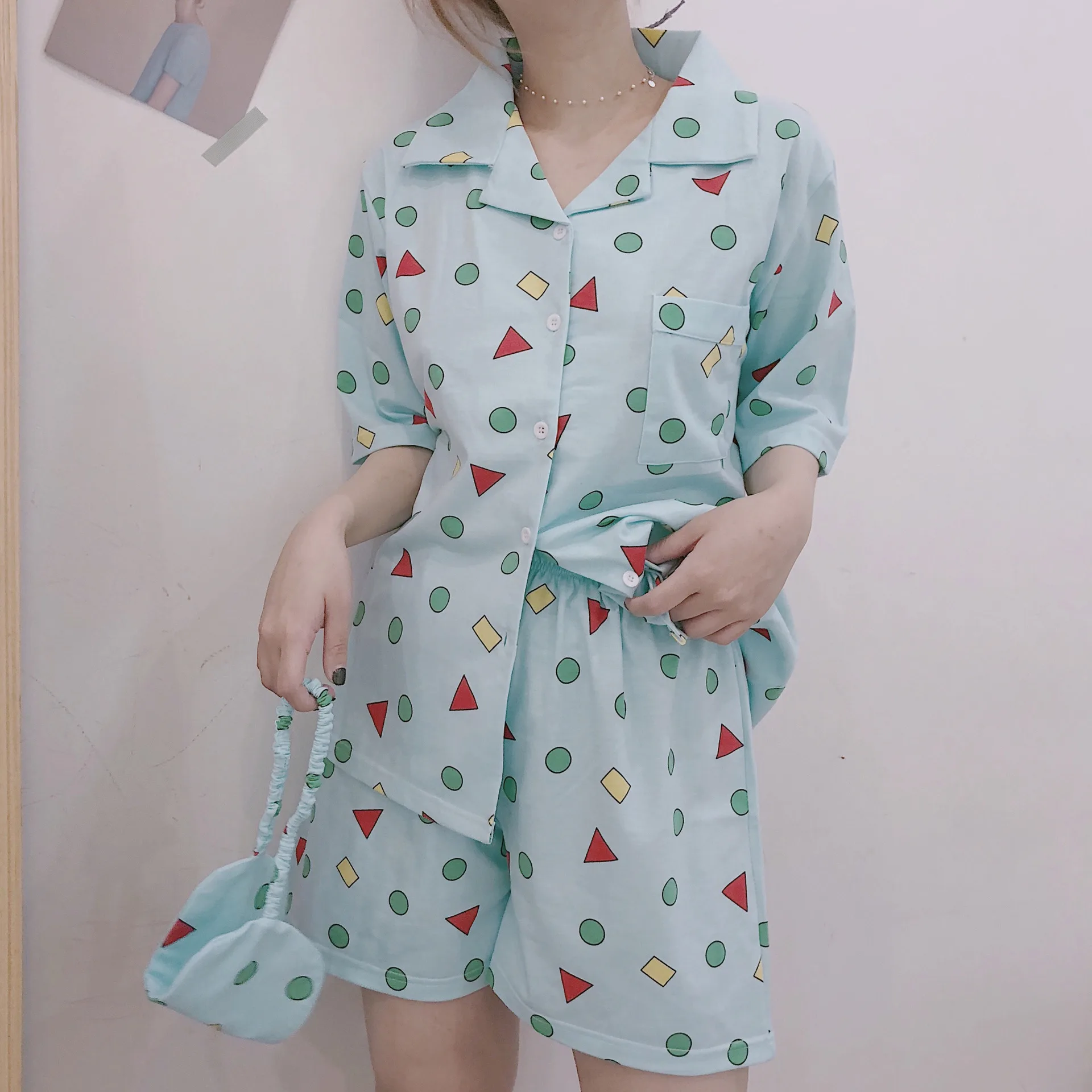 Shengyi/ летний Пижамный костюм в японском стиле из чистого хлопка с короткими рукавами и геометрическим узором отложной воротник с заплаткой на глаза