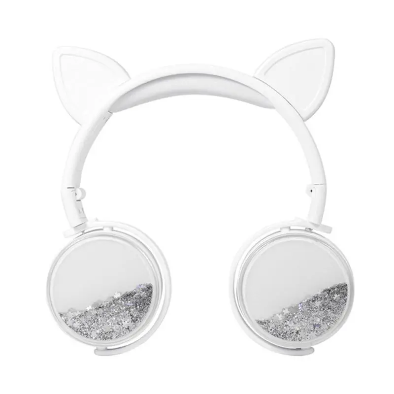 Girls Cat Ear Headset Quicksand Decor Music Sports Wired Headphones for Kids Gifts X6HA
