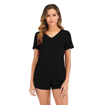 

Women Pajamas Set Summer Sexy Solid Color Shorts Pajamas Set V-neck Ladies Cotton Comfortable Casual Pajamas Set