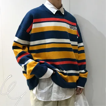 

2019 New Large Size Japanese Cotton Simple Korean Style Men's Loose Version Couple Personality Striped Knit Casual Sweater
