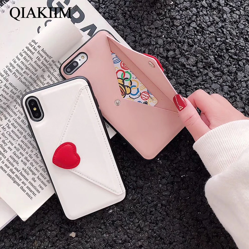 Кожаные чехлы бумажники с сердечками для iPhone X XS MAX XR 8 7 6 6S Plus 3D чехол милым