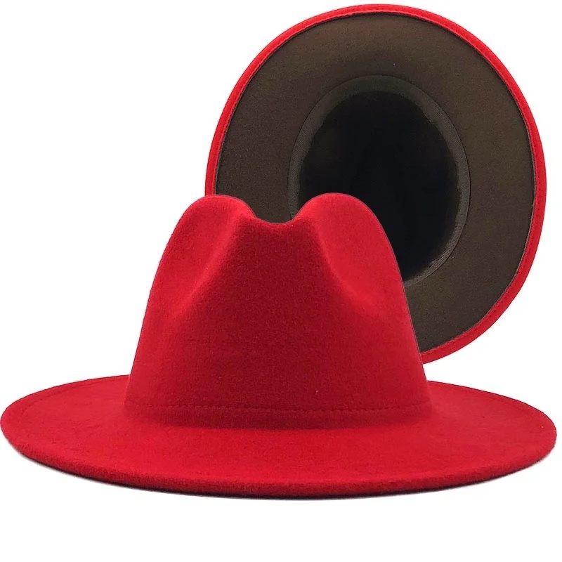 

Simple Outer red Inner coffe Wool Felt Jazz Fedora Hats with Thin Belt Buckle Men Wide Brim Panama Trilby Cap 56-58CM