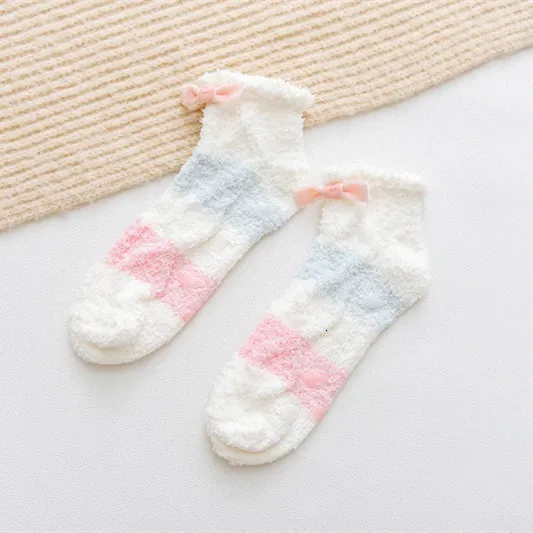 bow - Pink Blue SP& CITY/женские милые носки из кораллового флиса в стиле Харадзюку ярких цветов зимние плотные удобные носки до лодыжки домашние носки-тапочки, сохраняющие тепло - Цвет: bow - Pink Blue
