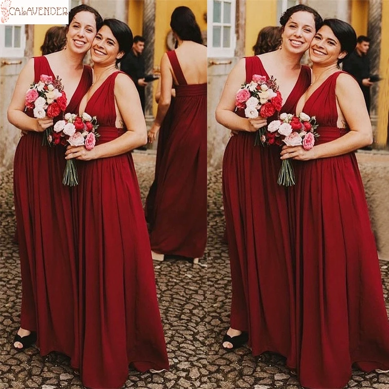 

Chiffon Burgundy Bridesmaid Dresses A-Line V-Neck Dresses Woman Party Night Pleats Low Back vestido dama de honor