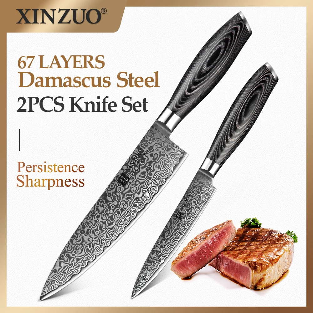 

XINZUO 2PCS Kitchen Knives Set 67 Layers Damascus 8''Chef 5''Utility Knife High Carbon Stainless Steel Pakka Wood Handle