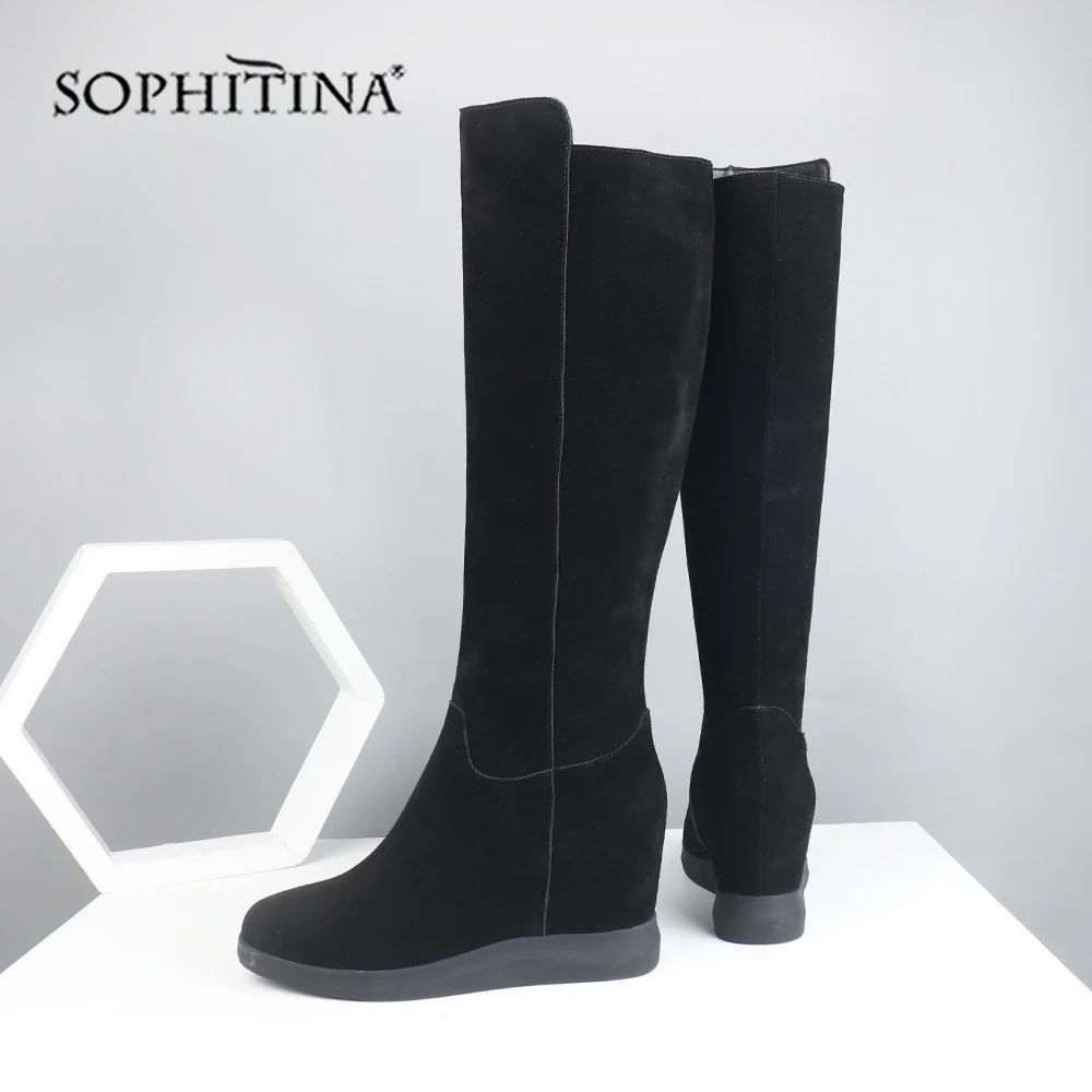 SOPHITINA/однотонные ботинки на танкетке; Высококачественная удобная модная обувь ручной работы из коровьей замши с круглым носком на молнии; новые женские ботинки; PO288