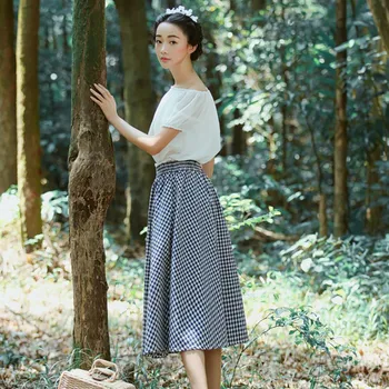 

Fashion Sweet Lady Skirt Retro Style Plaid Print High Waistline A-line Skirt One Size