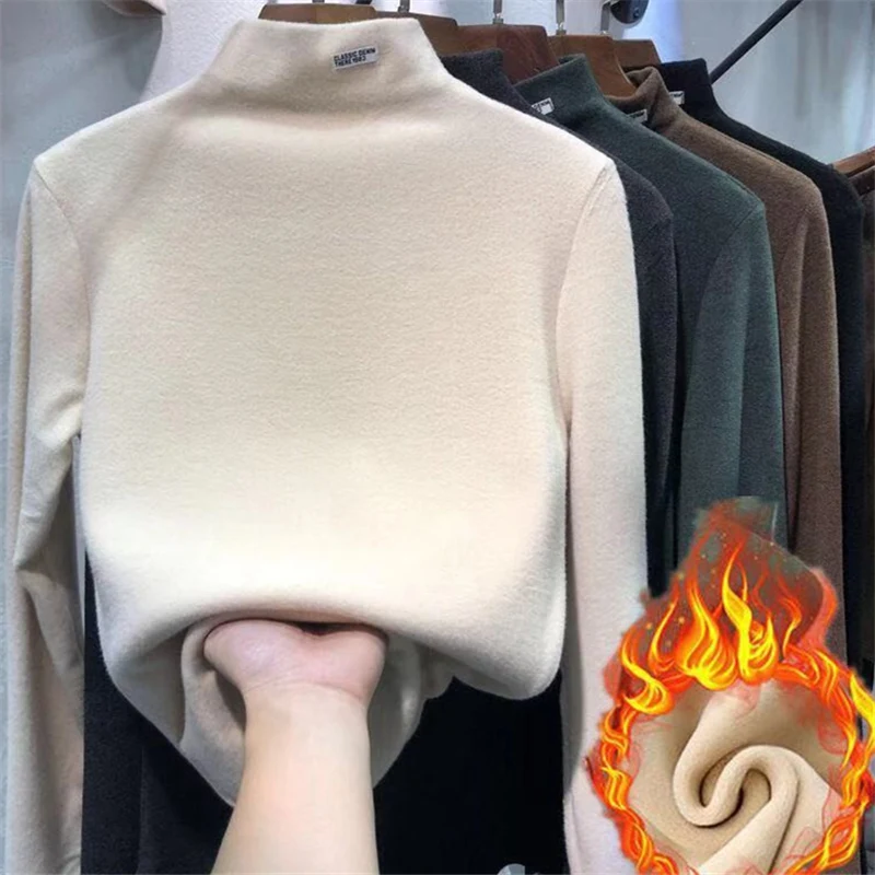 Double-Sided Maud Velvet Half-High Collar Long Sleeves Shirt Female 2021 Autumn and Winter Fleece Lined Padded Warm Keeping | Женская
