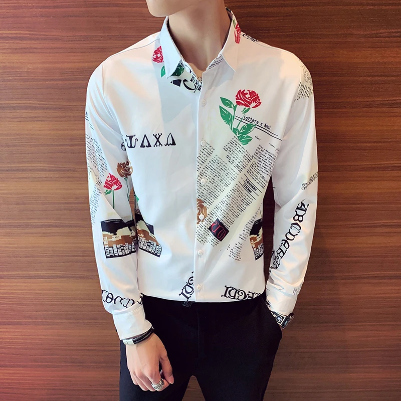 Rose Printing Men Shirt Fashion Long Sleeve Casual Slim Fit Shirts Men Dress Tuxedo Clothing Camisa Social Masculina - Цвет: white