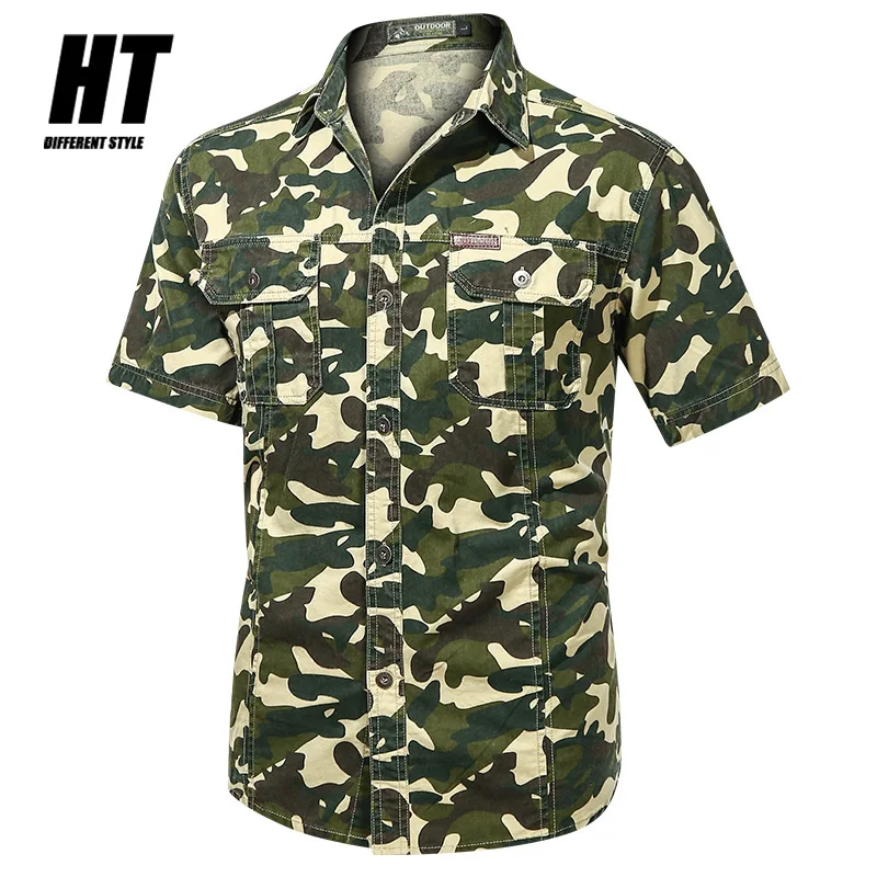 Camisas de manga corta de camuflaje para hombre, camisas vaqueras de algodón verde del ejército, informales, ajustadas, con 2 bolsillos, novedad de verano