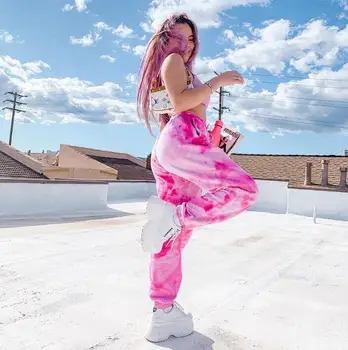 

Summer women's new elastic high waist tie dyed rainbow color casual pants streetwear female trousers