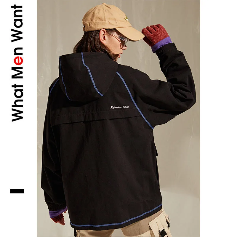 

IVRESSE Couple Dress Patchwork Coats Men Hooded Blue Line Loose Windbreaker Jackets Male Fashion Casual Autumn Winter Outerwear