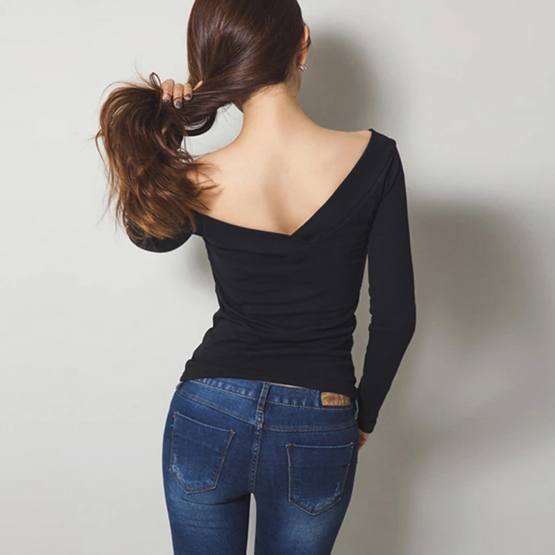 Vetement Femme 2019 Tshirts Cotton Women Korean Clothes Sexy Deep V-Neck T-Shirt Long Sleeve Casual T Shirt Female Womens Tops