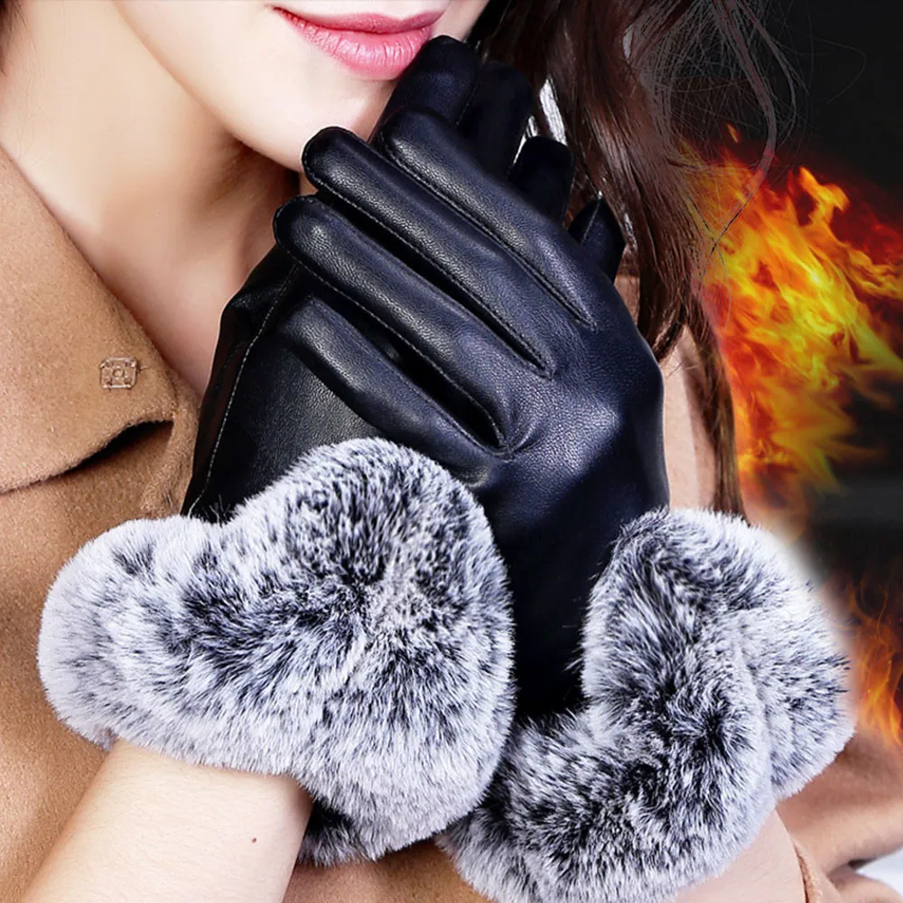 Women Lady Black Leather Gloves Autumn Winter Warm Rabbit Fur Mittens long 22.2cm Palm width 18cm PU Material high quality KS | Аксессуары