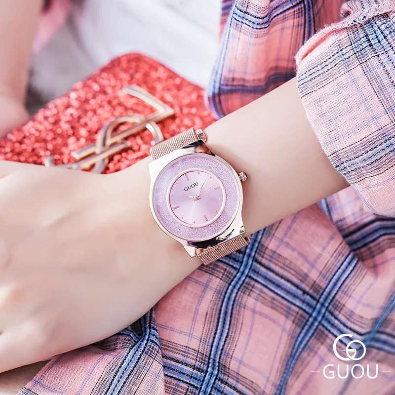 

Guou/Ancient Europe Simple Glorious Large Dial Mesh Chain Steel Watch WOMEN'S Dress Watch Waterproof Watch Quartz Watch