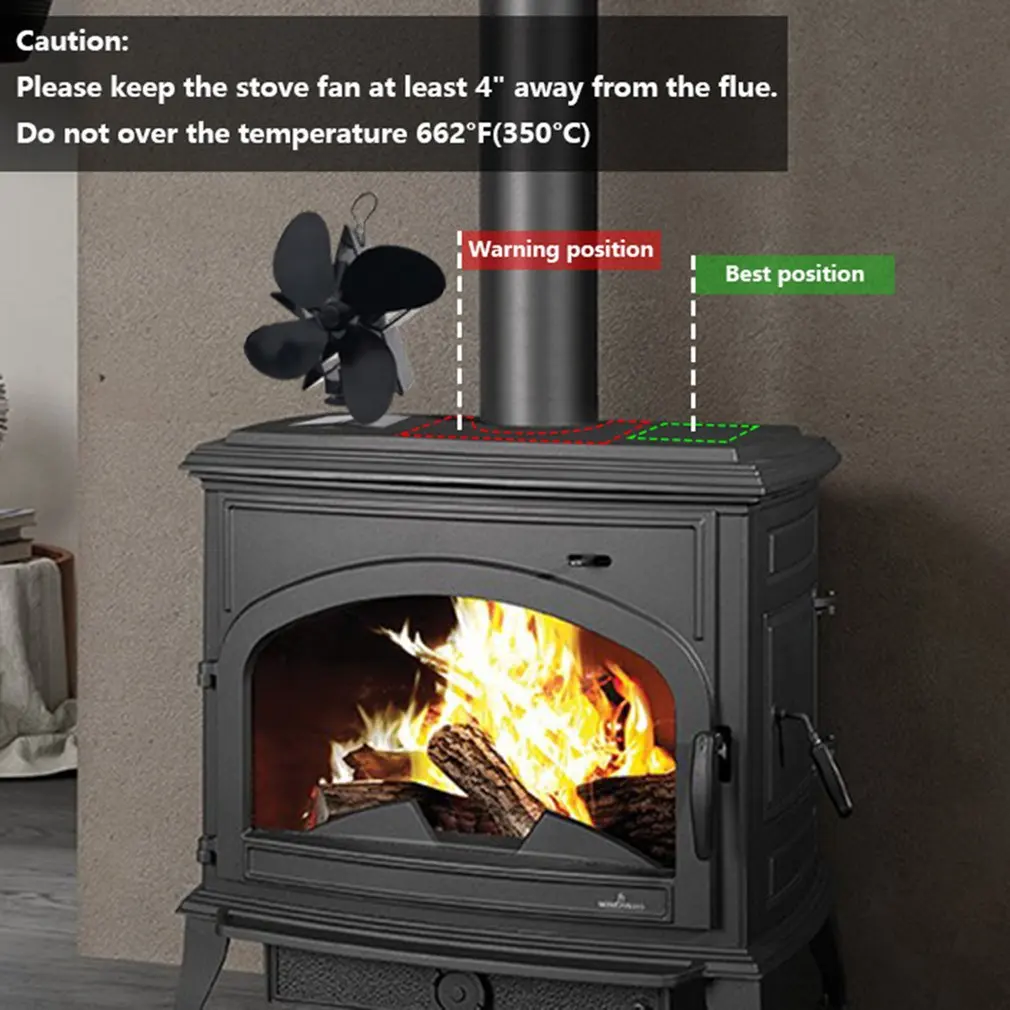 Hot Black Fireplace 4 Blades Heat Powered Stove Fan Log Wood Burner Quiet Home Fireplace Fan Efficient Heat Distribution