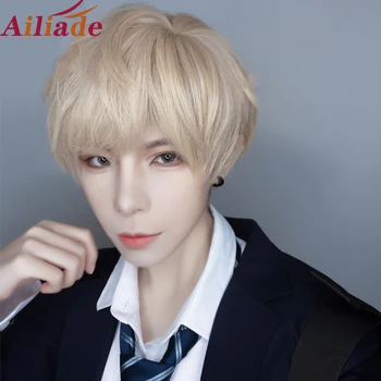 

AILIADE Synthetic Short Golden Straight Wigs Bangs Men's Wigs Natural for Women Girls Boys Cosplay Daily Party Halloween Anime
