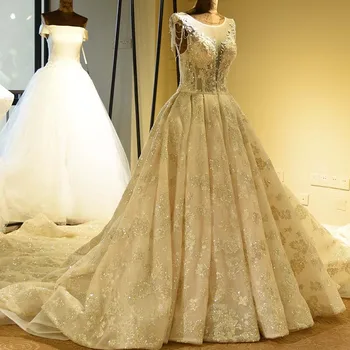 شراءفاخر مطرز الدانتيل ألف خط فساتين زفاف دانتيل س الرقبة كريستال الخرز فستان زفاف Vestidos De Noiva